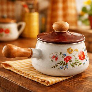 Vintage Levcoware Japan Enamel Fondue Pot – Floral Caquelon with Lid
